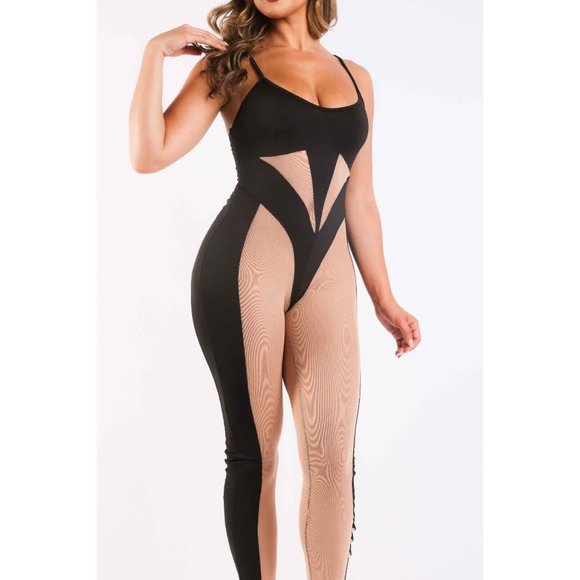 Women's Round Neck Sleeveless Spaghetti Straps Mesh Contrast Sexy Party Jumpsuit - Picture 6 of 12